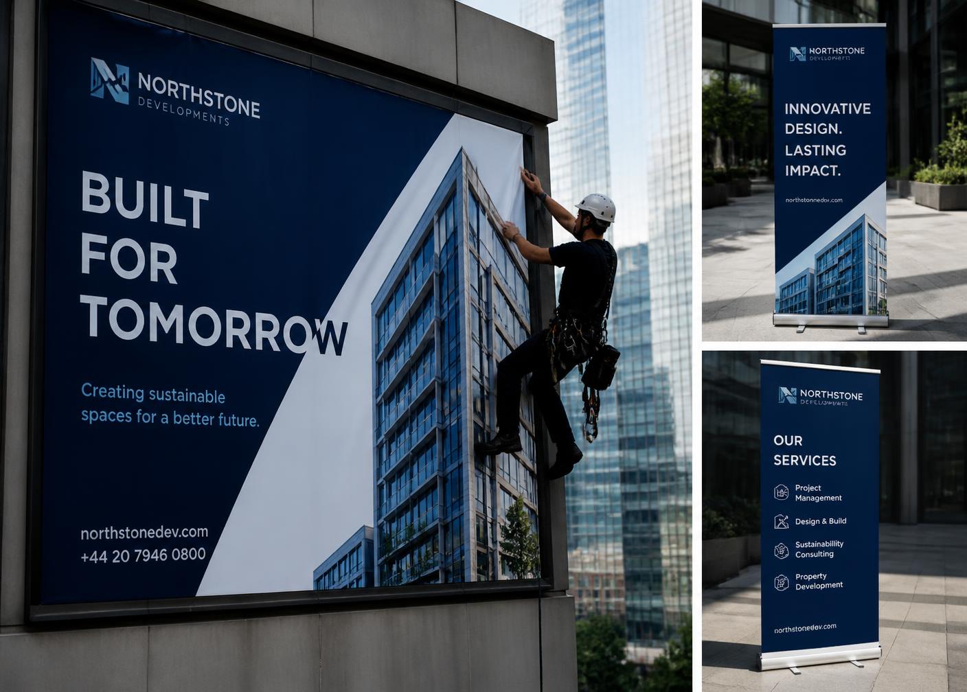 Large-format printed advertising banner and roll-up displays