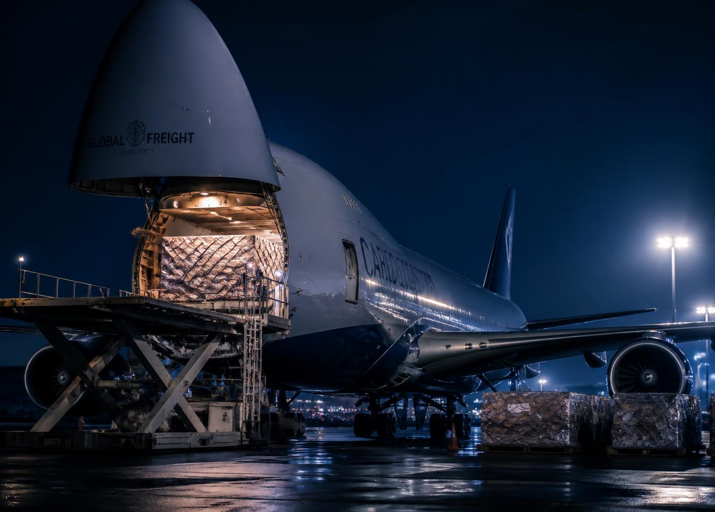 Freighter aircraft being loaded with air cargo pallets at night