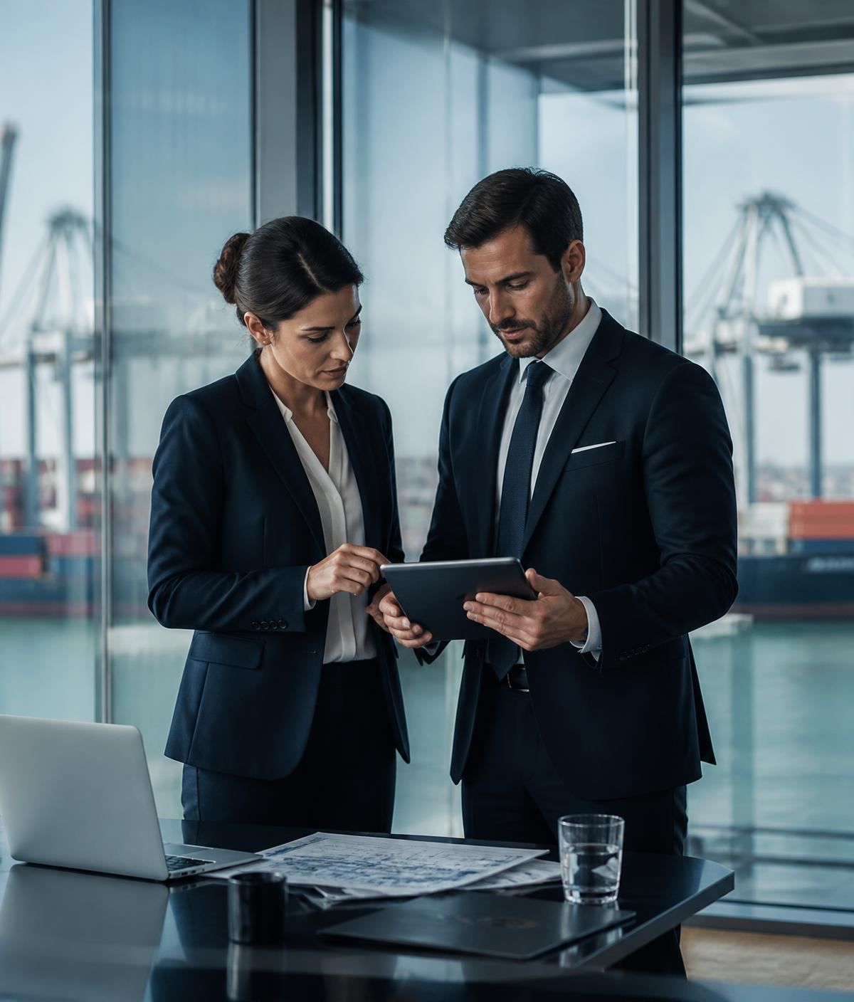 Logistics professionals reviewing shipping documentation in a port-side office