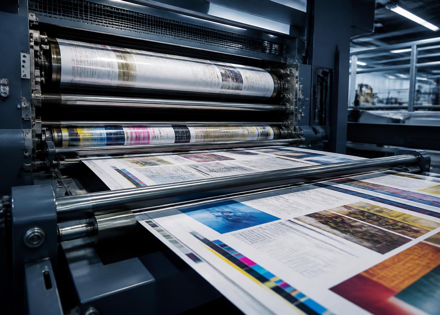 Offset printing press running full-colour printed sheets