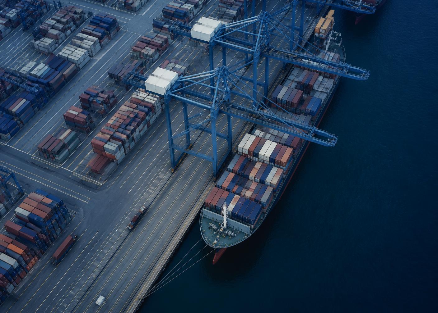 Container vessel alongside cranes at a deep water container terminal