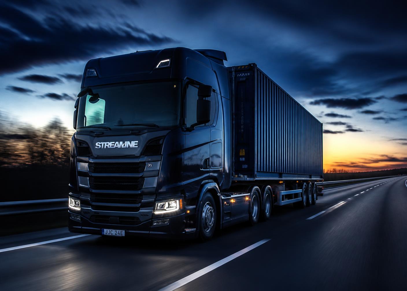 Container haulage truck travelling on a highway at dusk